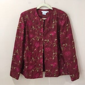 Vintage Maggy London Women’s Red Floral Embroidered 100% Silk Jacket Size 14
